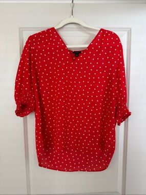 Ann Taylor Red Polka Dot V-Neck Blouse with Ruffle Sleeves